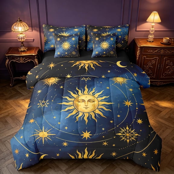 Homewish Boho Sun Moon Stars Twin Bedding, Astrology Celestial Bedding Comforter Set, Black Reversible 7pcs