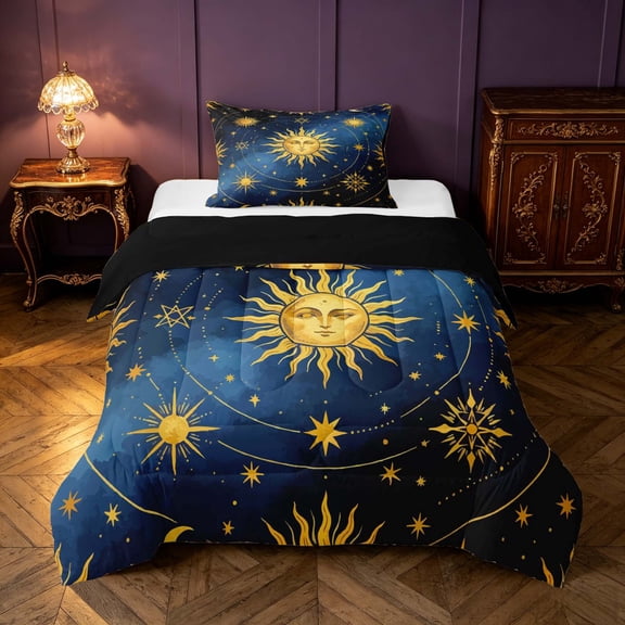 Homewish Boho Sun Moon Stars Twin Comforter Sets, Astrology Celestial Bedding Set, Black Reversible 2 Piece, 1 Comforter and 1 Pillowcase