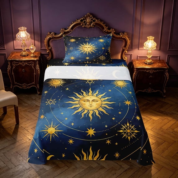 Homewish Boho Sun Moon Stars Twin Sheets, Astrology Celestial Bedding, 3-Piece, 1 Flat Sheet, 1 Fitted Sheet and 1 Pillowcase