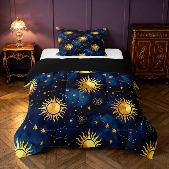 Homewish Boho Sun Stars Twin Comforter Sets, Psychedelic Universe Bedding Set, Black Reversible 2 Piece, 1 Comforter and 1 Pillowcase