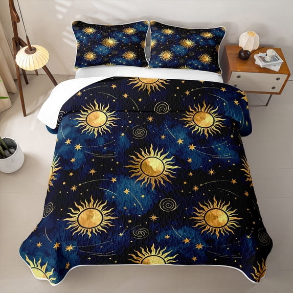 Homewish Boho Sun Stars Twin Quilt Set, Psychedelic Universe Twin Coverlet Set, 2pcs 1 Bedspread and 1 Pillowcase