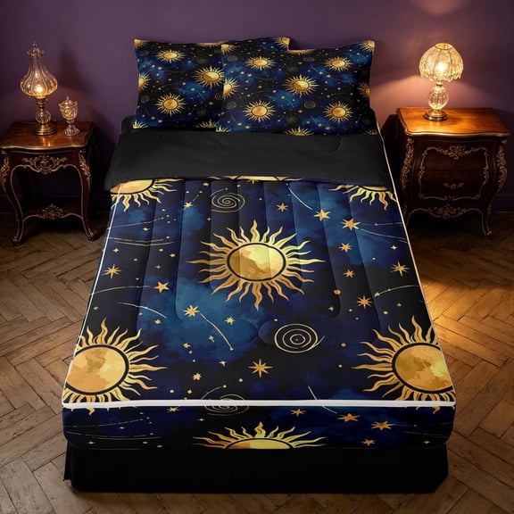Homewish Boho Sun Stars Zipper Twin Comforter Sets with Fitted Sheet and 2 Pillowcases, Psychedelic Universe Zipper Bedding Set, Black Reversible