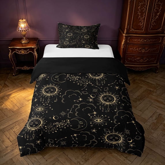 Homewish Boho Sun and Moon Twin Duvet Cover, Black Gold Astrology Twin Bedding, Black Reversible 2pcs, 1 Duvet Cover and 1 Pillowcase