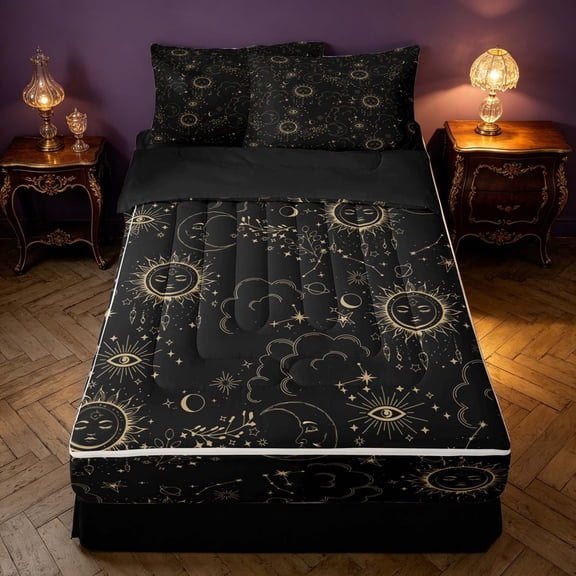 Homewish Boho Sun and Moon Zipper Twin Comforter Sets with Fitted Sheet and 2 Pillowcases, Black Gold Astrology Zipper Bedding Set, Black Reversible