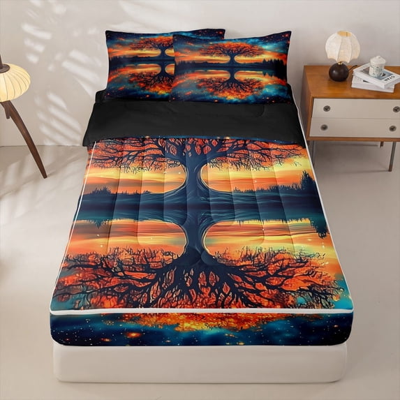 Homewish Boho Tree Of Life Zipper Twin Comforter Sets with Fitted Sheet and 2 Pillowcases,Aesthetic Starry Night Zipper Bedding Set,Black Reversible,4 Pieces