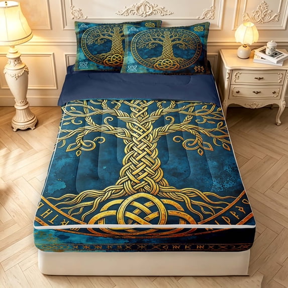 Homewish Boho Tree Of Life Zipper Twin Comforter Sets with Fitted Sheet and 2 Pillowcases,Botanical Design Zipper Bedding Set,Blue Gold,Navy Blue Reversible,4pcs