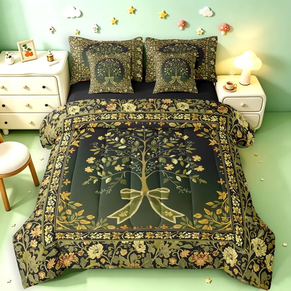 Homewish Boho Tree Of Life 7-Piece King Bedding,Vintage Bowtie Floral Plants King Bed in a Bag,Green,Black Reversible