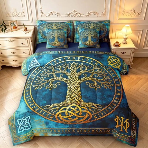 Homewish Boho Tree Of Life 7-Piece Twin Bedding,Botanical Design Bedding Comforter Set,Blue Gold,Navy Blue Reversible