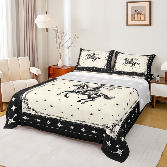 Homewish Boho Western Cowboy Bed Sheets,Retro Stars Full Size Sheets,Black Cream,4pcs,1 Flat Sheet, 1 Fitted Sheet and 2 Pillowcases