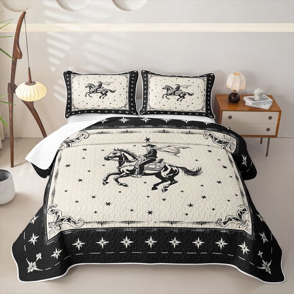 Homewish Boho Western Cowboy Bed Spread Queen,Retro Stars Queen Coverlet Set,Black Cream,3-Piece