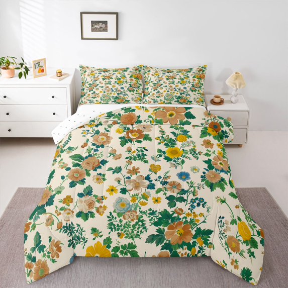 Homewish Boho Wild Flower Bedding Comforter Set,Vintage Flower Twin Comforter Sets,Beige Green Bedding Set For Adults,Microfiber Bedroom Decor Reversible,2pcs