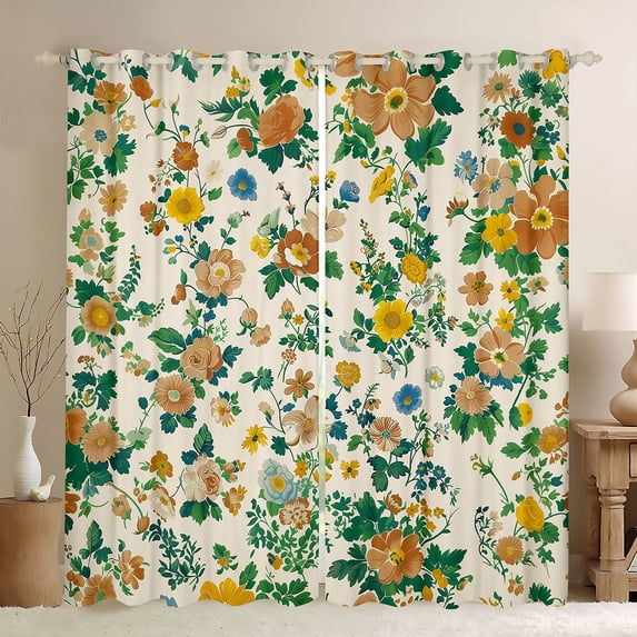 Homewish Boho Wild Flower Black Out Curtains,Vintage Flower Curtains Pack of 2 (42x63 Each),Beige Green Bedroom Curtains For Adults,Microfiber Bedroom Decor