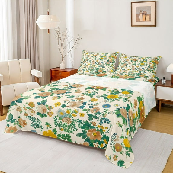 Homewish Boho Wild Flower Full Size Sheets,Vintage Flower Bed Sheets,Beige Green Sheet Sets For Adults,Microfiber Bedroom Decor,4-Piece