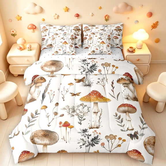 Homewish Boho Wild Mushroom 7-Piece Twin Bedding,Vintage Botanical Fungi Bedding Comforter Set,White,Reversible