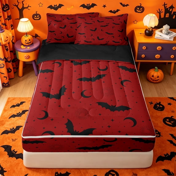 Homewish Bold Halloween Bat Zipper Twin Comforter Sets with Fitted Sheet and 2 Pillowcases,Moon Pattern Zipper Bedding Set,Scarlet Black,Black Reversible,4 Pieces