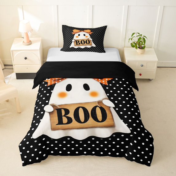 Homewish Boo Bow Ghost Twin Duvet Cover for Women, Polka Dot Orange Coquette Skull Twin Bedding, Black Reversible, 2 Pieces, 1 Duvet Cover and 1 Pillowcase