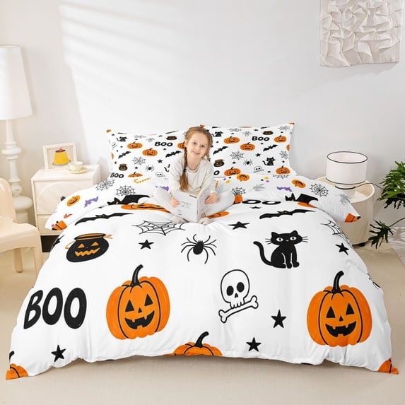Homewish Boo Pumpkin Duvet Cover Queen for Kids, White Skull Bat Star Halloween Queen Bedding, Halloween Reversible, 3pcs, 1 Duvet Cover and 2 Pillowcases