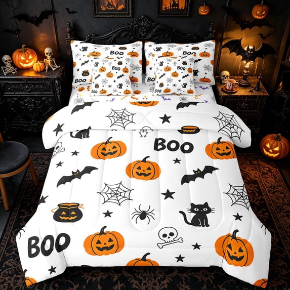 Homewish Boo Pumpkin King Bedding for Kids, White Skull Bat Star Halloween King Bed in a Bag, Halloween Reversible, 7pcs