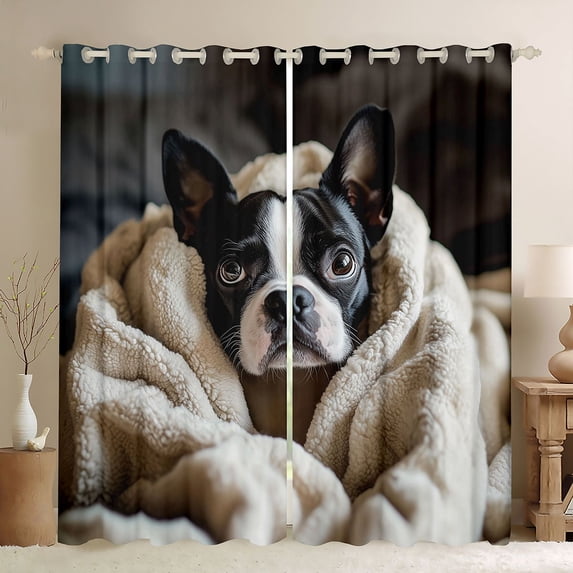 Homewish Boston Terrier Dog Blackout Curtains Set of 2 (52x84 Each),Kawaii Animal Curtain,Beige