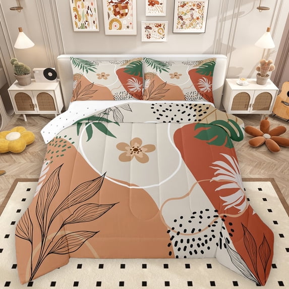 Homewish Botanical Flowers Leaves 3-Piece Full Size Comforter Sets For Children Teens Adults,Abstract Minimalist Stripes Bedding Comforter Set,Vintage Aesthetic Lightweight Bedding Sets