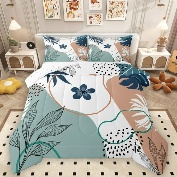 Homewish Botanical Flowers Leaves 3 Pieces Queen Comforter Set For Children Teens Adults,Abstract Minimalist Stripes Ultra Soft Bedding Sets,Vintage Aesthetic Bedding Comforter Set