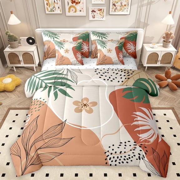 Homewish Botanical Flowers Leaves 7-Piece Twin Bedding Sets For Children Teens Adults,Abstract Minimalist Stripes Bedding Comforter Set,Vintage Aesthetic Breathable Sheet Sets,Ultra Soft Home Decor