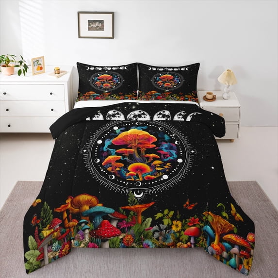 Homewish Botanical Mushroom 3 Pieces Queen Comforter Set for Teenagers,Bohemian Starry Sky Ultra Soft Bedding Sets,Exotic Style Bedding Comforter Set Breathable,Breathable Home Decor,Reversible