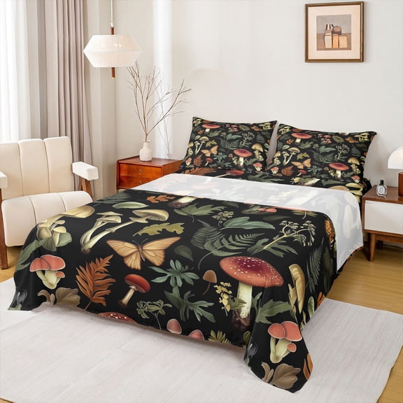 Homewish Botanical Mushroom 3pcs Twin Sheet Sets for Boys Girls,Flying Butterfly Twin Fitted Sheet,Tree Leaves Breathable Flat Sheet,Super Cozy Room Decor