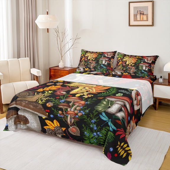 Homewish Botanical Mushroom 4 Pieces Queen Sheet Sets for Teenagers,Tree Leaves Ultra Soft Flat Sheet,Exotic Style Queen Fitted Sheet,Breathable Home Decor