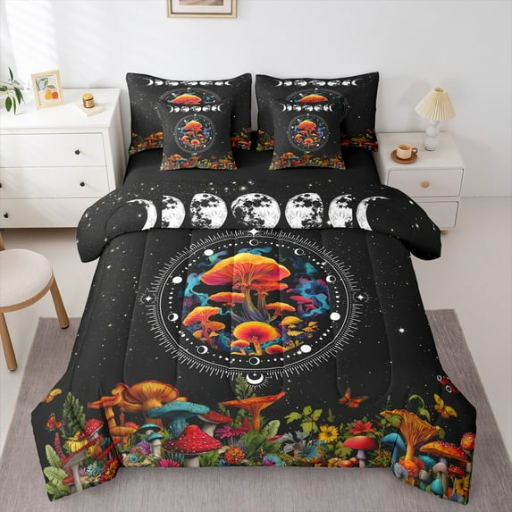 Homewish Botanical Mushroom Bedding Comforter Set 7pcs for Teenagers,Bohemian Starry Sky Queen Bedding Sets Super Cozy,Exotic Style Queen Sheet Sets,Breathable Home Decor,Reversible