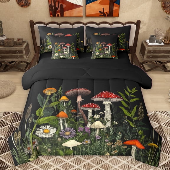Homewish Botanical Mushroom Twin Bedding Sets 7-Piece for Female Men Women,Floral Daisy Bedding Comforter Set Microfiber,Botanical Plants Breathable Sheet Sets,Luxury Bedroom Decor,Reversible