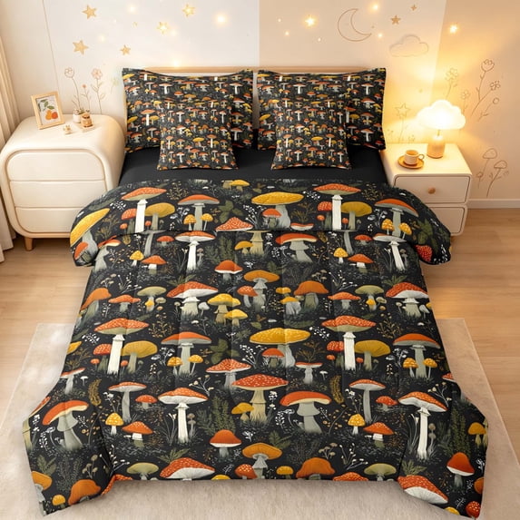 Homewish Botanical Mushrooms 7-Piece Twin Bedding,Vintage Botanical Fungi Bedding Comforter Set,Red Yellow,Black Reversible