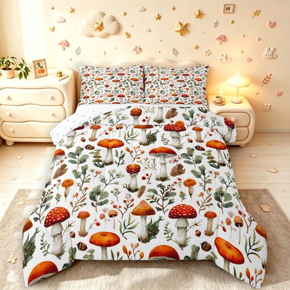 Homewish Botanical Mushrooms Queen Comforter Set,Wild Fungus Plant Comforter Sets Queen,White Red,Reversible,3-Piece,1 Comforter and 2 Pillowcases