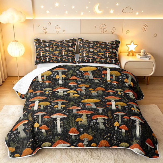 Homewish Botanical Mushrooms Twin Quilt Set,Vintage Botanical Fungi Twin Coverlet Set,Red Yellow,Black Reversible,2-Piece