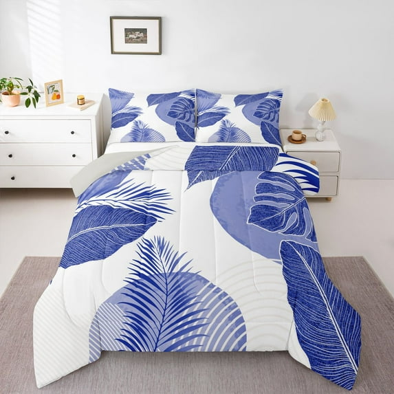 Homewish Botanical Plants Leaves 3-Piece Full Size Comforter Sets For Children Teens Adults,Minimalist Mid Century Bedding Comforter Set,Abstract Stripes Lines Lightweight Bedding Sets