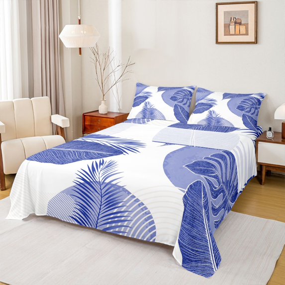 Homewish Botanical Plants Leaves 4 Pieces Queen Sheet Sets For Children Teens Adults,Minimalist Mid Century Ultra Soft Flat Sheet,Abstract Stripes Lines Queen Fitted Sheet,Ultra Soft Home Decor