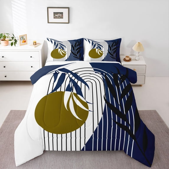 Homewish Botanical Plants Leaves Bedding Comforter Set 2pcs for Female Men Women,Retro Vintage Aesthetic Twin Comforter Sets Microfiber,Mid Century Stripes Breathable Bedding Set