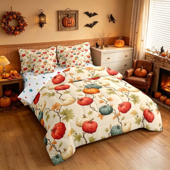 Homewish Botanical Pumpkin Twin Bedding, Hello Fall Bedding Comforter Set, Antique Beige Red Green, Polka Dots Reversible 7-Piece