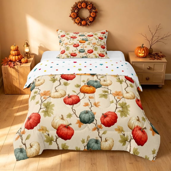 Homewish Botanical Pumpkin Twin Comforter Sets, Hello Fall Bedding Set, Antique Beige Red Green, Polka Dots Reversible, 2-Piece 1 Comforter and 1 Pillowcase