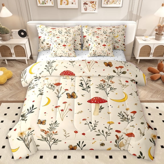 Homewish Botanical Red Mushroom Twin Bedding Sets 7-Piece for Kids Children Teens,Bohemian Theme Bedding Comforter Set Microfiber,Vintage Aesthetic Breathable Sheet Sets,Lightweight Room Decor