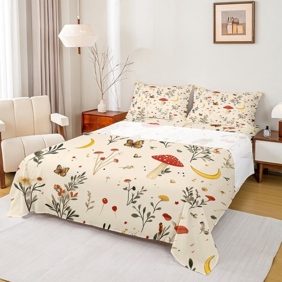 Homewish Botanical Red Mushroom Twin Sheet Sets 3pcs for Kids Children Teens,Bohemian Theme Twin Fitted Sheet Microfiber,Vintage Aesthetic Breathable Flat Sheet,Lightweight Room Decor