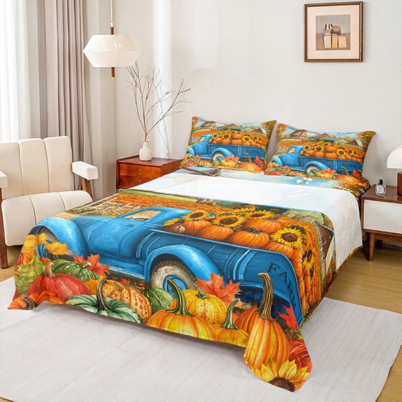 Homewish Botanical Sunflower Pumpkin 3pcs Twin Sheet Sets For Teens Boys Girls,Blue Truck Twin Fitted Sheet,Happy Autumn Harvest Breathable Flat Sheet,Lightweight Room Decor