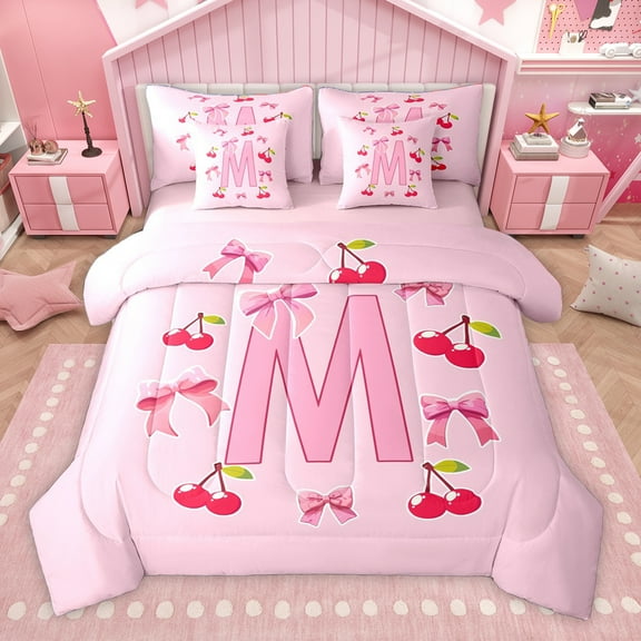 Homewish Bow Bowknot Ribbon 7-Piece Twin Bedding Sets,Red Sweet Cherry Bedding Comforter Set,Pink First Letter M Sheet Sets For Girls,Super Cozy Room Decor Reversible