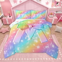 Homewish Bow Bowknot Ribbon Bedding Comforter Set,Colorful Fairy Tale Twin Comforter Sets,First Letter M Bedding Set For Girls,Super Cozy Room Decor Reversible,2-Piece