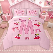 Homewish Bow Bowknot Ribbon Bedding Comforter Set,Red Sweet Cherry Twin Comforter Sets,Pink First Letter M Bedding Set For Girls,Super Cozy Room Decor Reversible,2-Piece