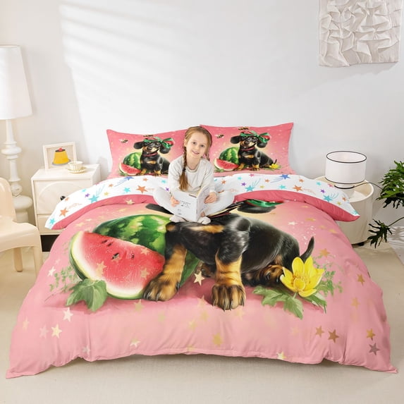 Homewish Bow Dachshund Animal Duvet Cover Queen,Watermelon Bee Queen Bedding,Pink,Colorful Stars Reversible,3pcs,1 Duvet Cover and 2 Pillowcases
