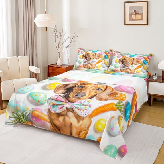 Homewish Bow Dachshund Dog Bed Sheets,Dotted Easter Egg Full Size Sheets,Carrot Decor,4-Piece,1 Flat Sheet, 1 Fitted Sheet and 2 Pillowcases