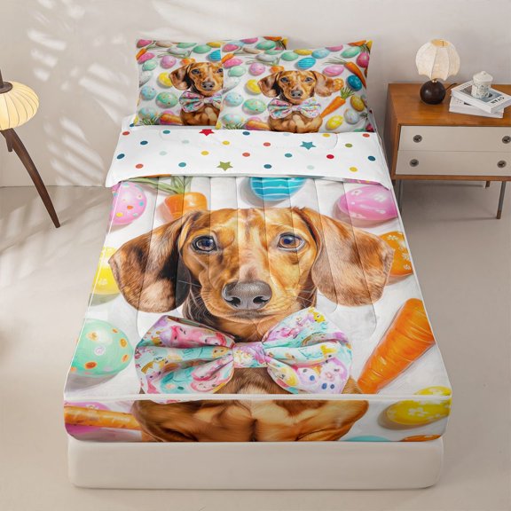 Homewish Bow Dachshund Dog Zipper Twin Comforter Sets with Fitted Sheet and 2 Pillowcases,Dotted Easter Egg Zipper Bedding Set,Carrot Decor,Polkadot Reversible,4pcs