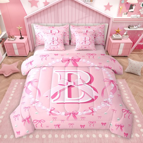 Homewish Bow Initial B Letter Twin Bedding Sets 7-Piece, Dreamy Fairy Tale Bow Bedding Comforter Set, Cute Cartoon Style Reversible Sheet Sets, Super Cozy Room Decor