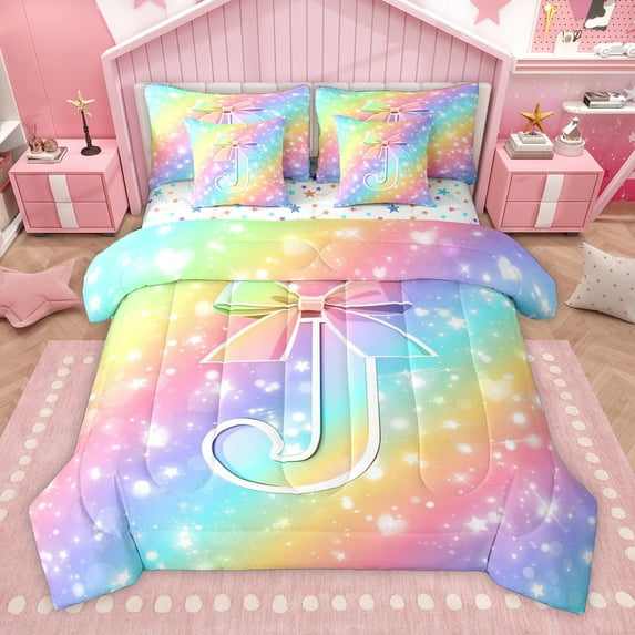 Homewish Bow Initial Letter J 7-Piece Twin Bedding Sets,Kawaii Stars Loves Print Bedding Comforter Set,Rainbow Stripes Sheet Sets For Princess,Breathable Bedroom Decoration Reversible